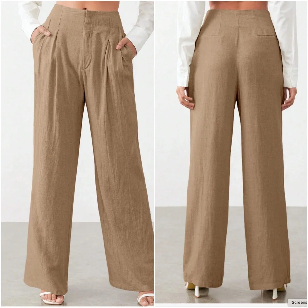 Classic Ivory Linen Wide Leg Pockets Pants Trousers - Picture 9 of 9